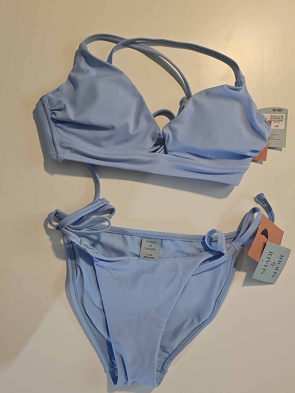 Shade & Shore Blue Bikini Set With Underwire 34C Top with S Side-Tie Bottom